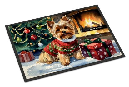Yorkshire Terrier Cozy Christmas Doormat Front Door Mat Indoor Outdoor Rugs for Entryway, Non Slip Washable Low Pile, 18H X 27W
