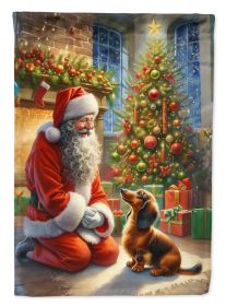 Dachshund and Santa Claus House Flag Large Porch Sleeve Decorative Outside Yard Banner Artwork Wall Hanging, Polyester, Multicolor