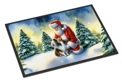 Sheltie and Santa Claus Doormat Front Door Mat Indoor Outdoor Rugs for Entryway, Non Slip Washable Low Pile, 18H X 27W