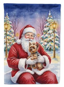 Yorkshire Terrier with Santa Claus House Flag Large Porch Sleeve for Pole Decorative Outside Yard Banner Artwork Wall Hanging, Polyester